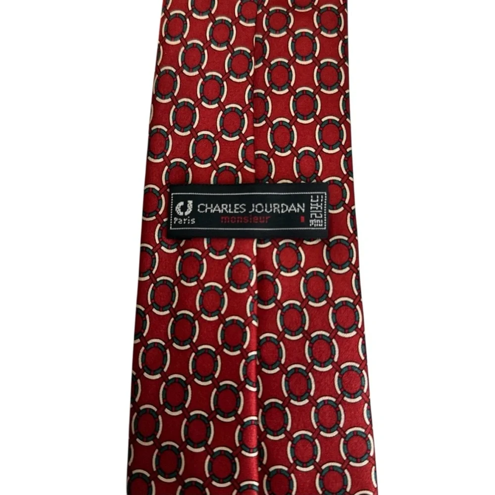 Vtg Charles Jourdan Monsieur Paris Mens Tie Silk Red Green Geometric 60x3.25”